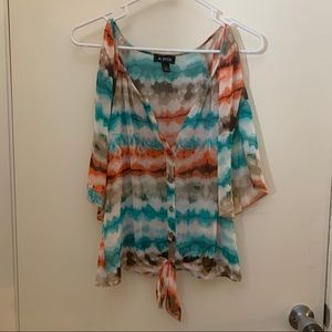 Multicolored Blouse. Tie & Button Up Front. Size S